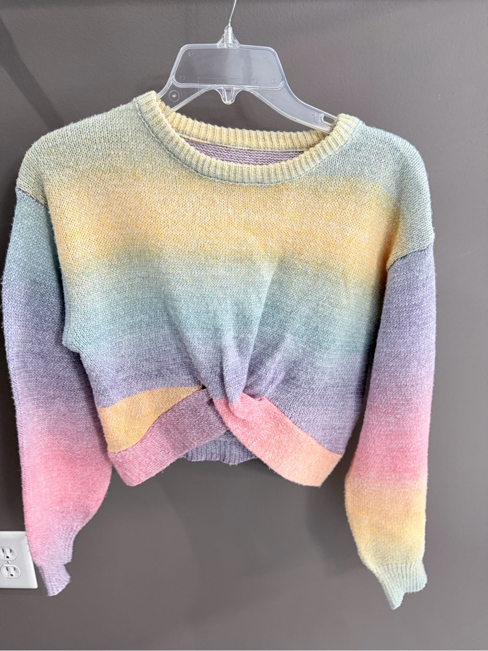 SHEIN Pastel Ombre Twist-Front Crewneck Sweater - Yellow, Green, Purple, Pink